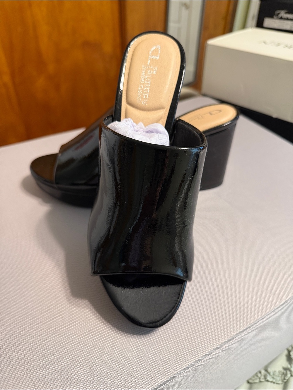 CL by Laundry Black Patent Open-Toe Block Heel Mules